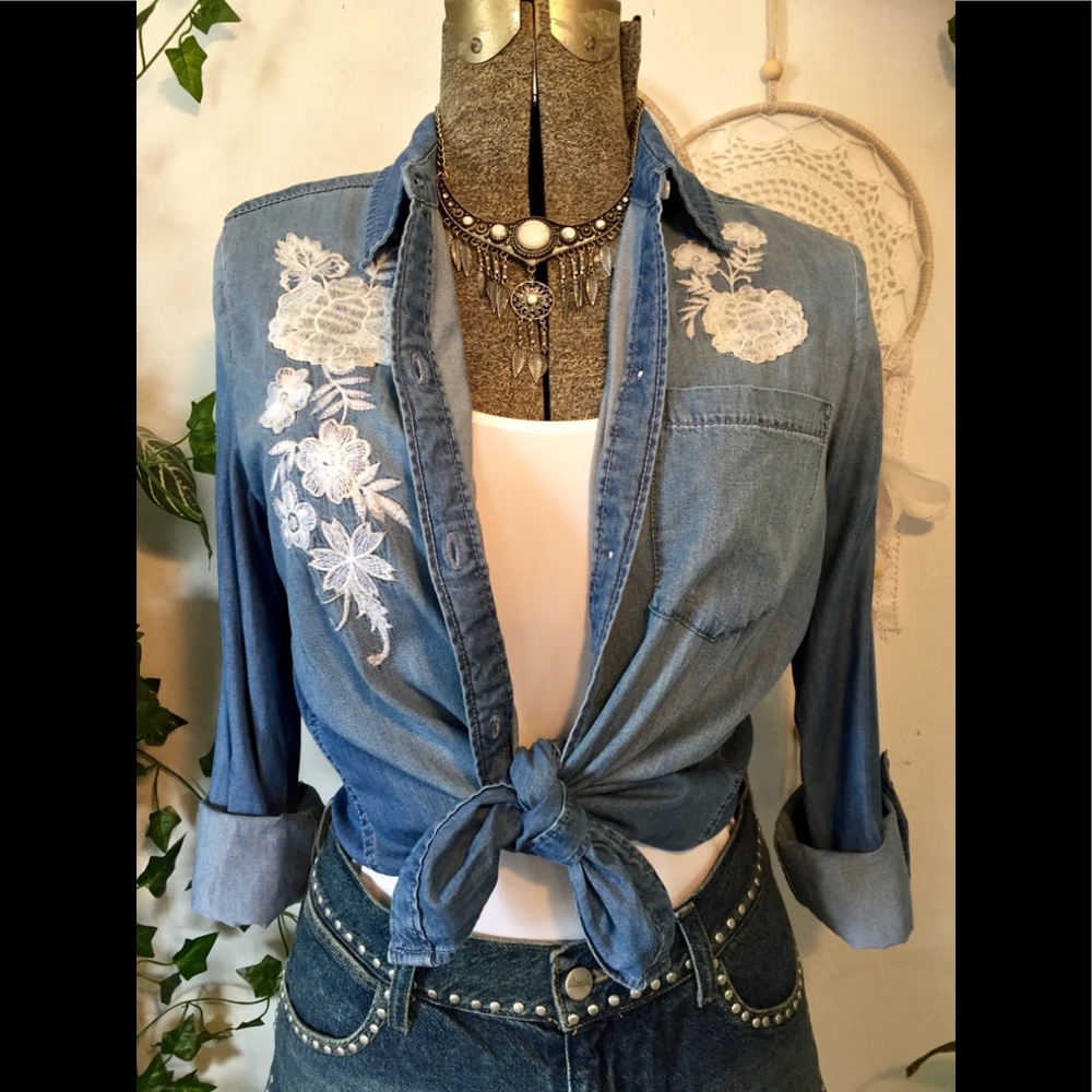 Blue embroidered chambray shirt